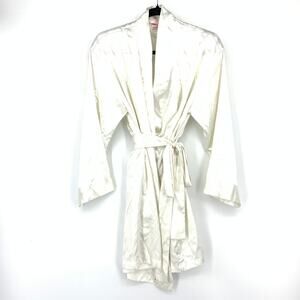 Vintage Victorias Secret Satin Robe Womens One Size Ivory Kimono Tie Waist *FLAW
